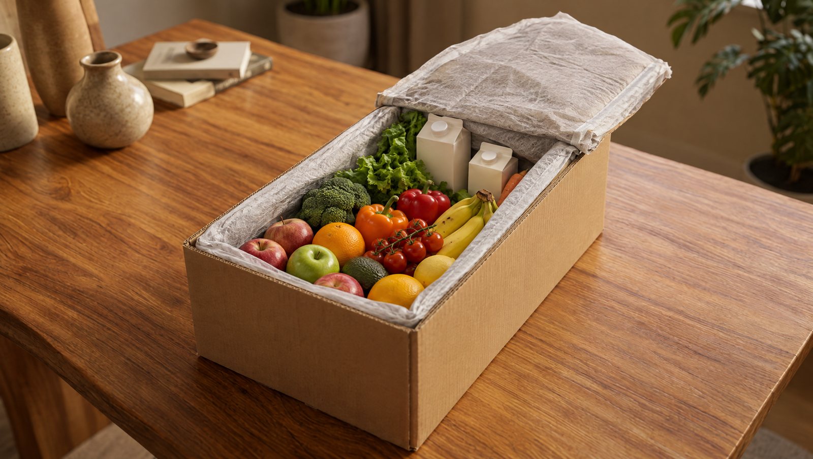 Isolierpad aus Recyclingpapier kleidet einen Versandkarton mit frischen Lebensmitteln aus