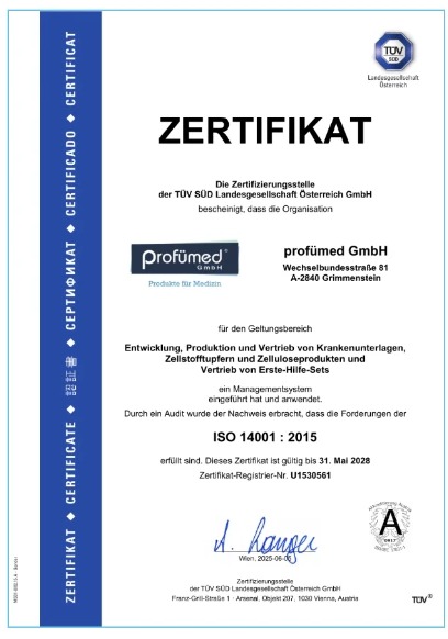Deckblatt des TÜV SÜD Zertifikats nach ISO 14001:2015 für Profümed