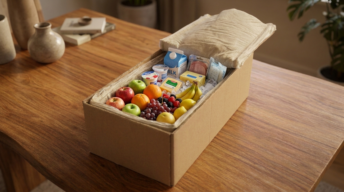 Isoliertasche aus Recyclingpapier mit frischen Lebensmitteln in einem Versandkarton